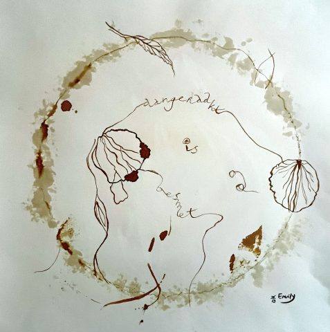 Aangeraakt, 40 x 40 cm, inkt en bloemsap op papier Aangeraakt, 40 x 40 cm, inkt en bloemsap op papier