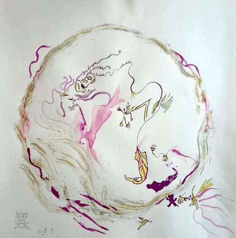Vlek, 40 x 40 cm, inkt en bloemsap op papier Vlek, 40 x 40 cm, inkt en bloemsap op papier